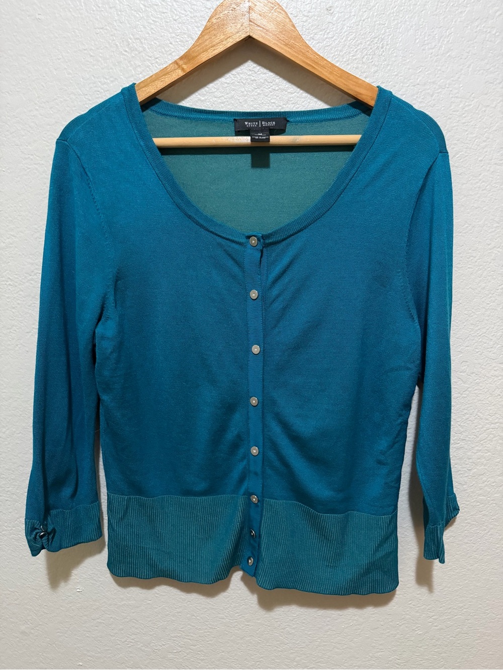 White House Black Market Blue Teal 3/4 Sleeve Button Down Cardigan Medium